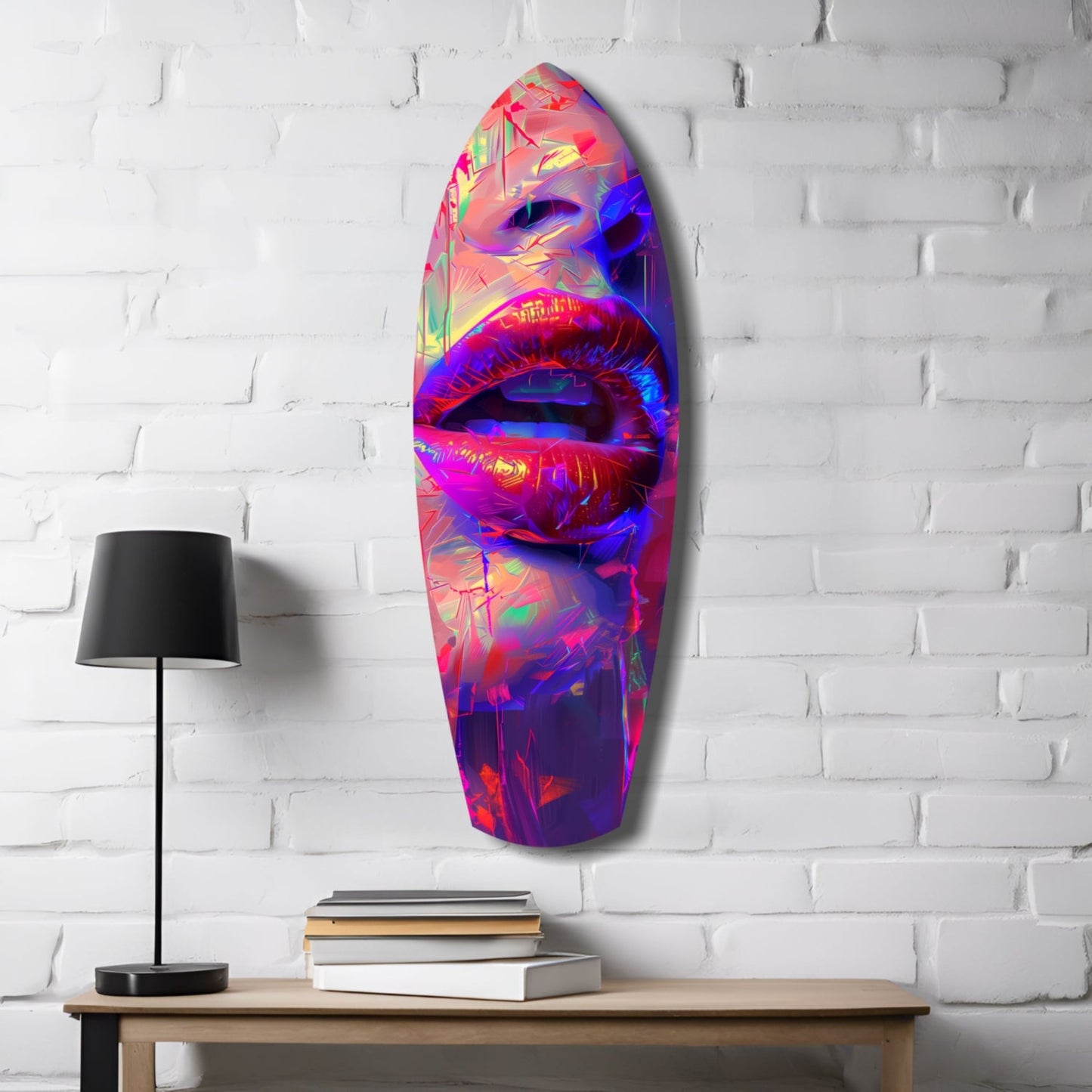 Vibrant neon-colored glass wall art featuring layered lips in pink, blue, and purple tones mounted on white brick.