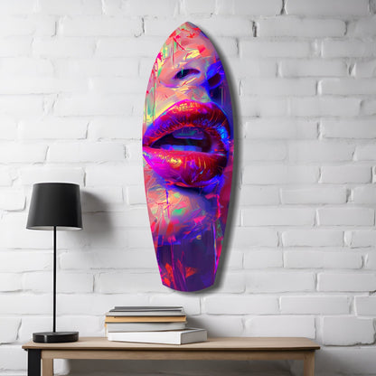 Vibrant neon-colored glass wall art featuring layered lips in pink, blue, and purple tones mounted on white brick.