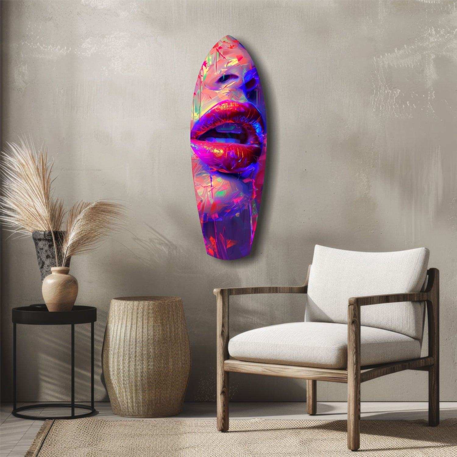 Vibrant neon lips glass wall art mounted on neutral wall above wooden chair and decorative side table.