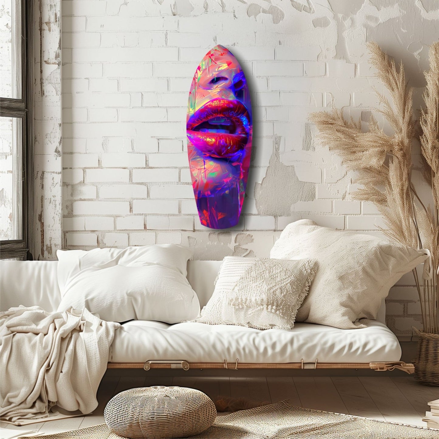 Vibrant neon lips glass art hung above cream bedding in minimalist bedroom with white brick wall.