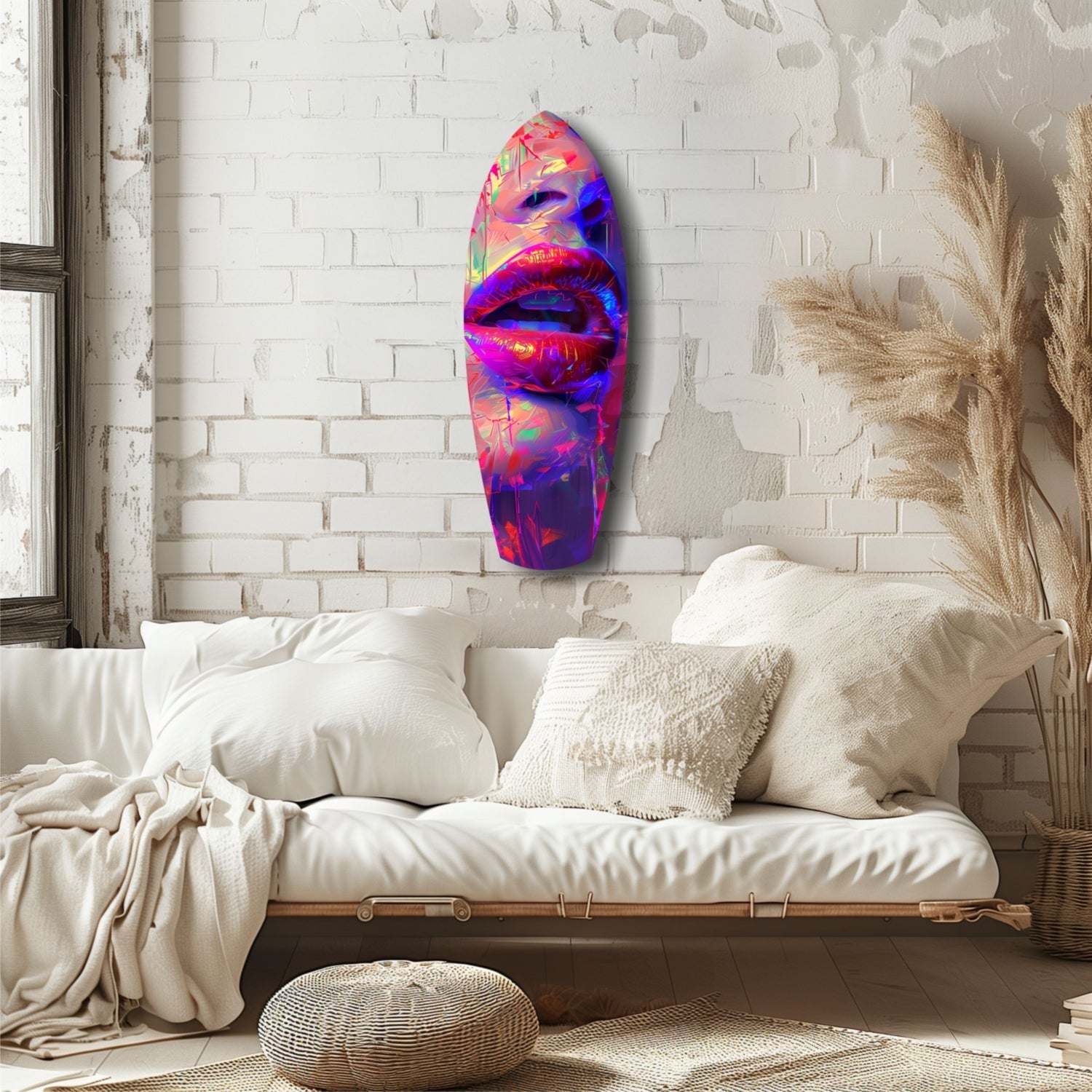 Vibrant neon lips glass art hung above cream bedding in minimalist bedroom with white brick wall.