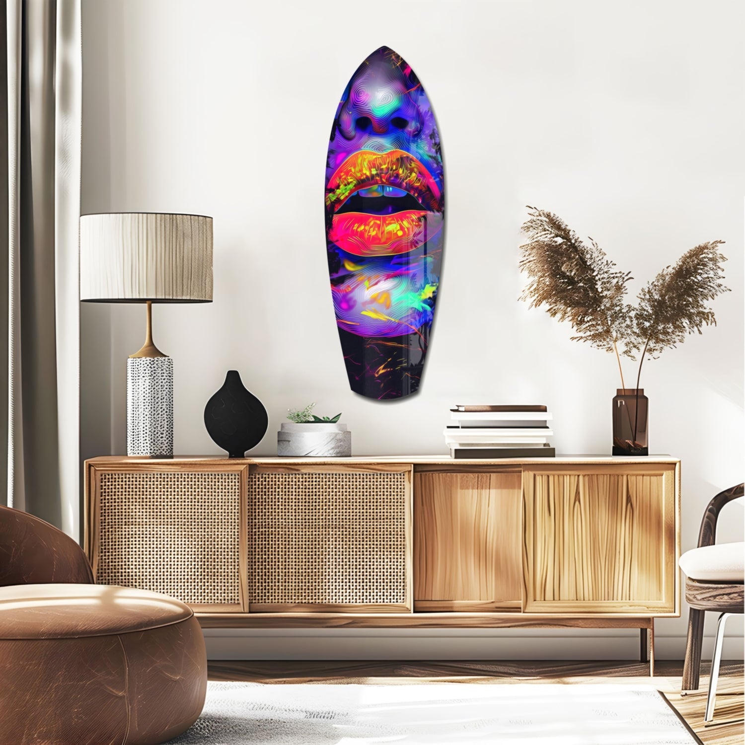 Colorful Lips V18 glass wall art with vibrant neon pink, blue, and yellow tones displayed above a wooden mid-century modern dresser in a contemporary living room setting.