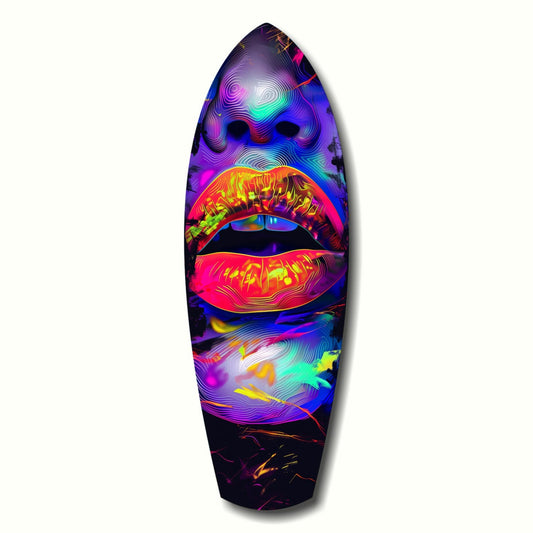 Vibrant neon glass art featuring stylized lips in hot pink and yellow with purple and cyan swirling patterns, displayed against white background.