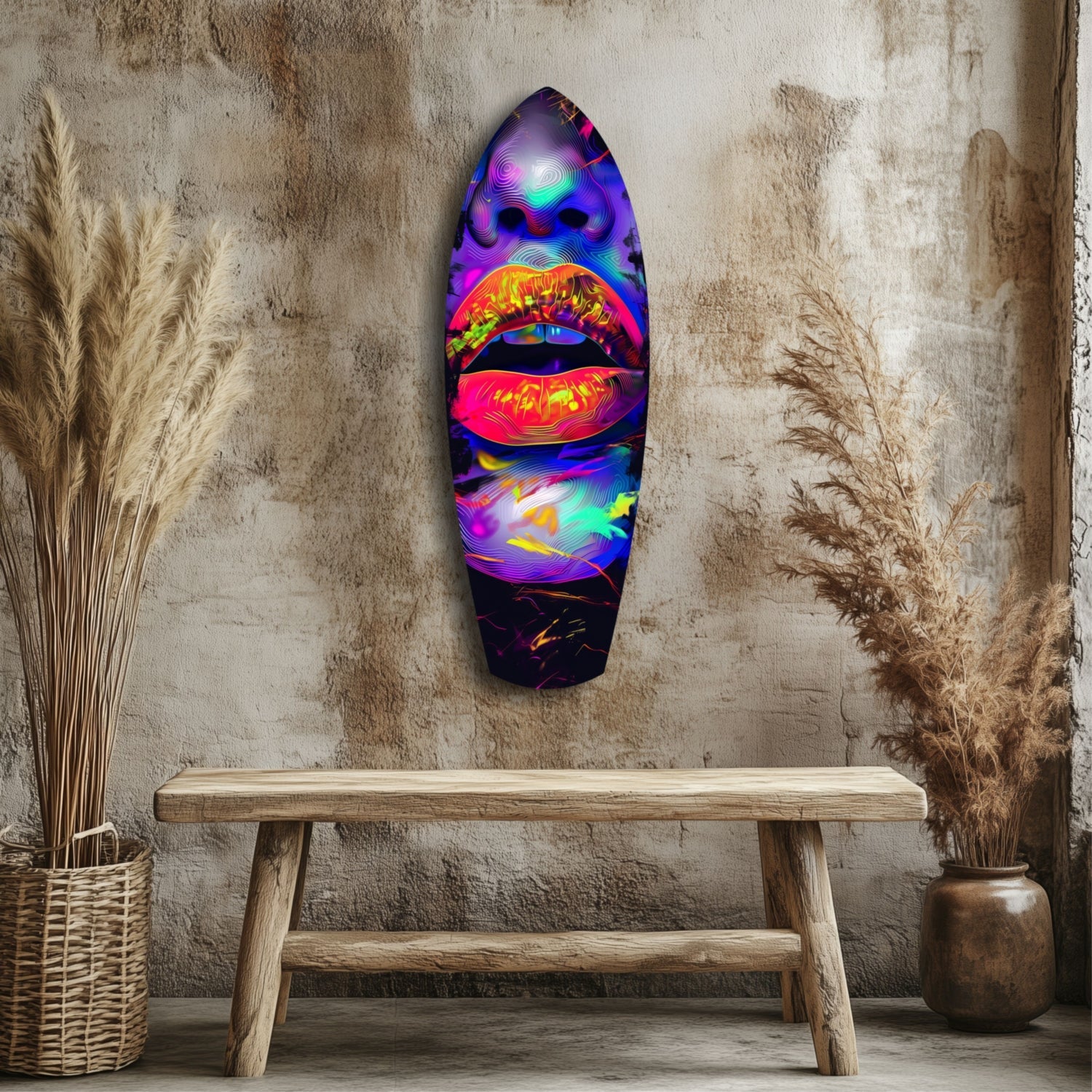 Neon lips glass wall art displayed above wooden bench in rustic interior with dried grasses and textured wall.
