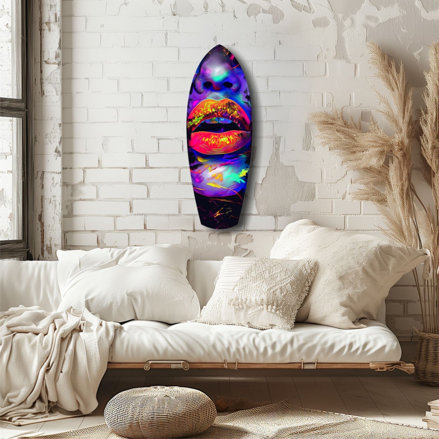 Vibrant neon lips glass art hung on white brick wall above cream bedding in minimalist bedroom.