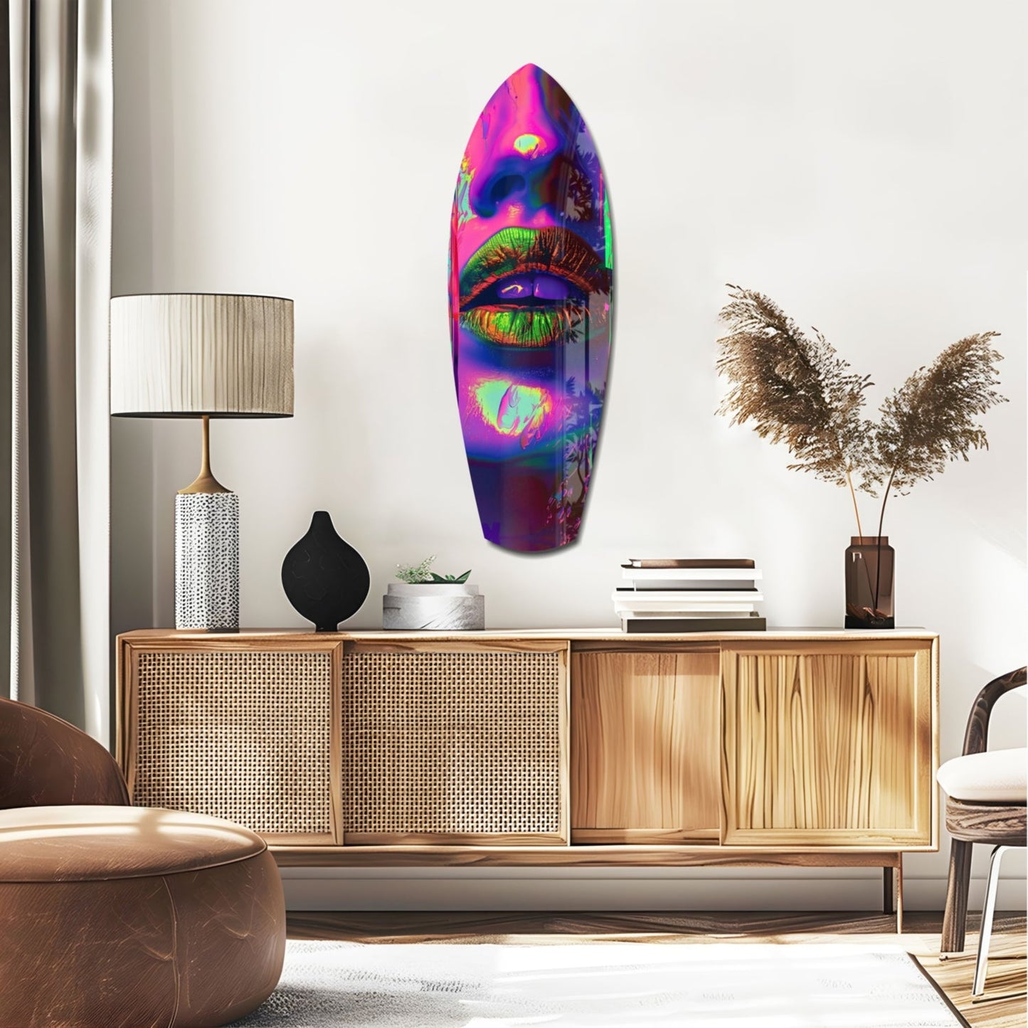 Colorful Lips V19 glass wall art mounted on white wall above wooden sideboard in modern living room interior.