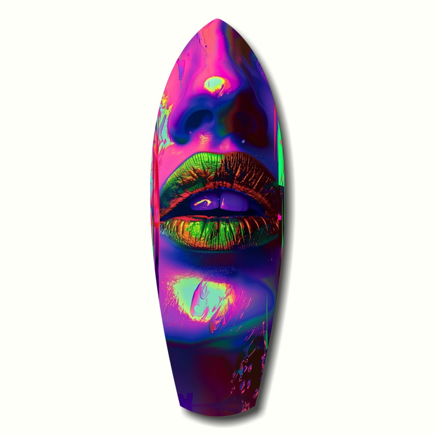 Vibrant neon-colored glass surfboard with stylized face featuring bright pink, green, and blue lips against purple background.