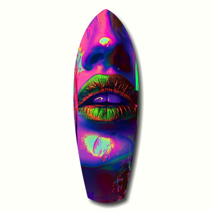Vibrant neon-colored glass surfboard with stylized face featuring bright pink, green, and blue lips against purple background.