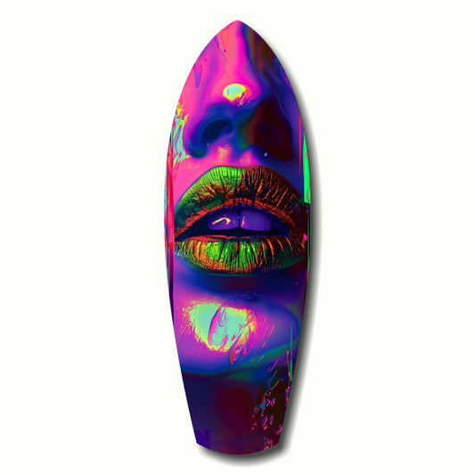 Vibrant neon-colored glass surfboard with stylized face featuring bright pink, green, and blue lips against purple background.