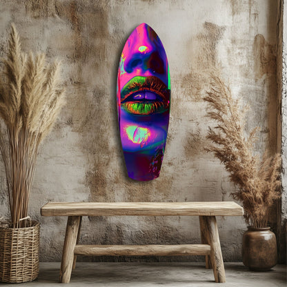 Vibrant neon lips glass art mounted on textured wall above wooden bench with dried pampas grass.