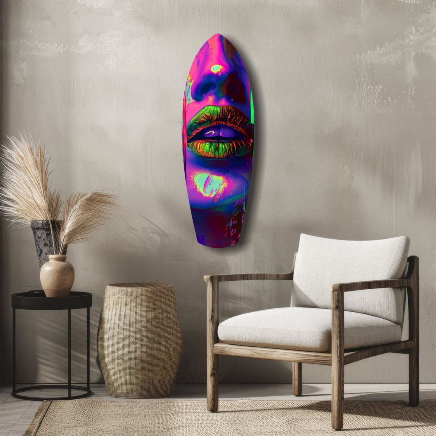 Vibrant neon glass wall art featuring colorful lips displayed in modern living room setting with wooden chair and neutral décor.