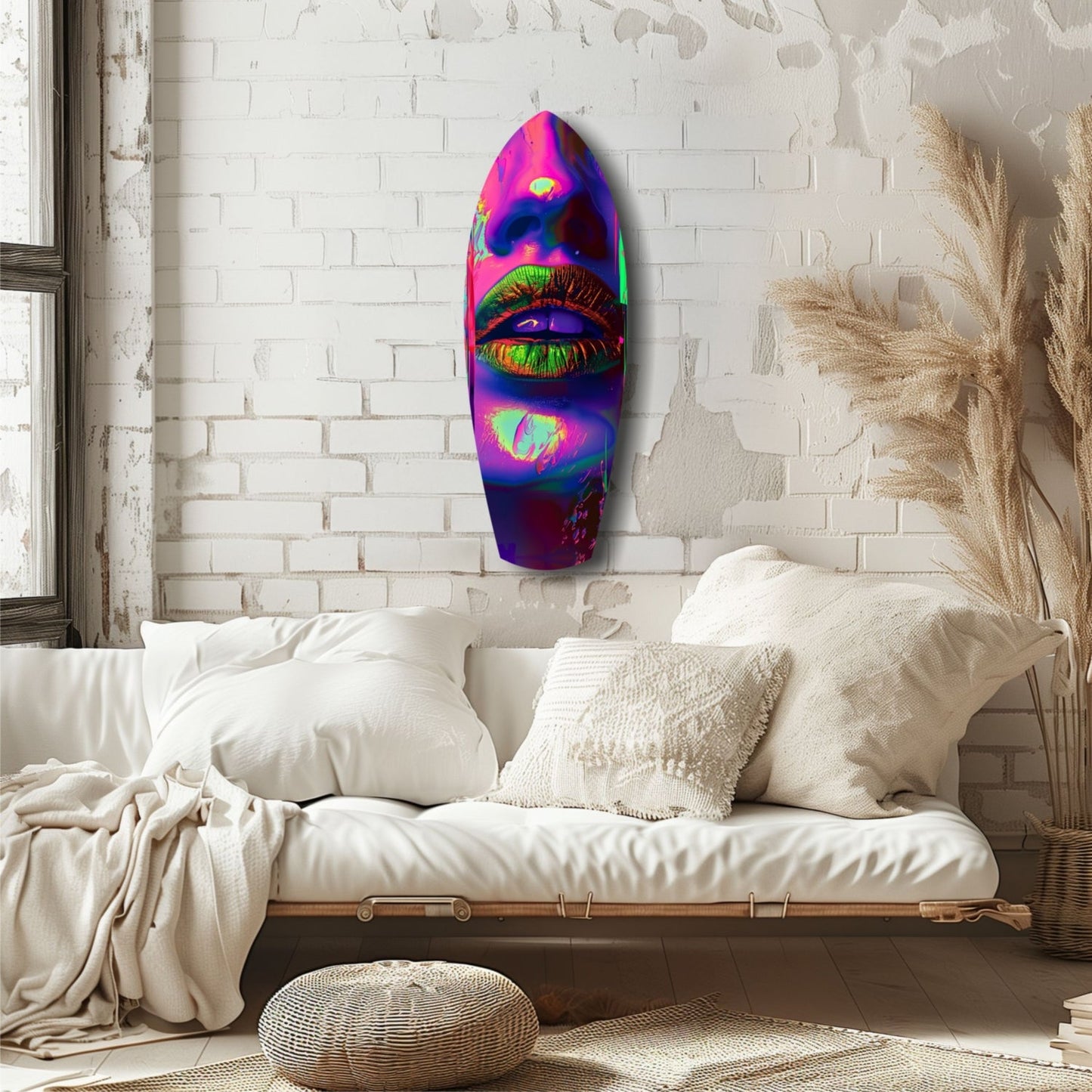 Vibrant neon lips glass art mounted on white brick wall above cream bedding in minimalist bedroom setting.