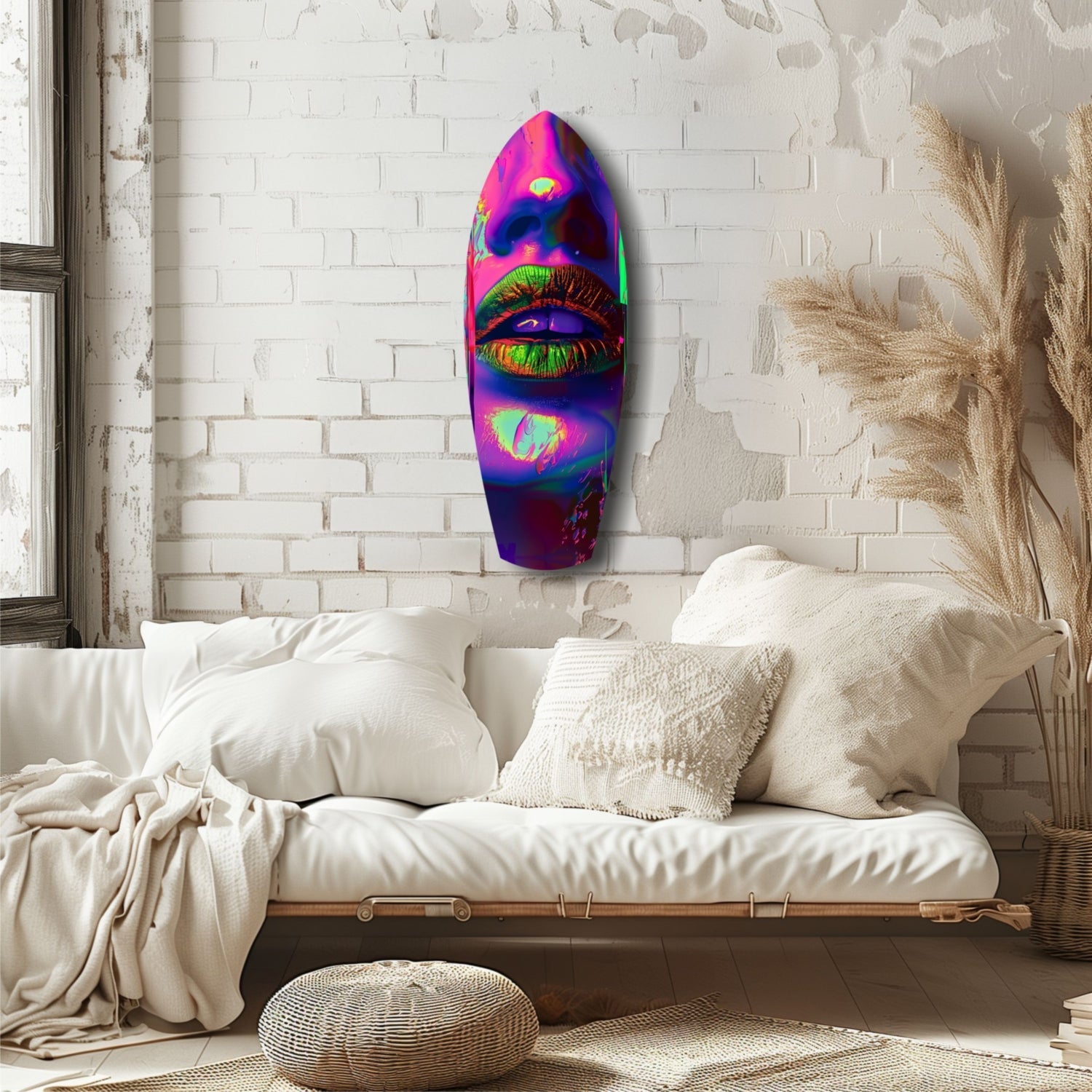 Vibrant neon lips glass art mounted on white brick wall above cream bedding in minimalist bedroom setting.
