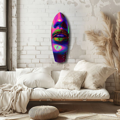 Vibrant neon lips glass art mounted on white brick wall above cream bedding in minimalist bedroom setting.