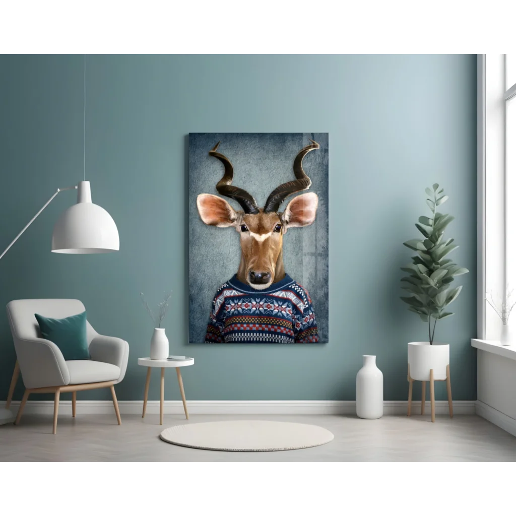 Kudu deer in colorful sweater framed canvas wall art print