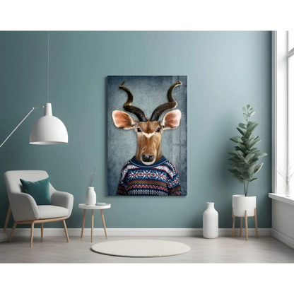 Kudu deer in colorful sweater framed canvas wall art print