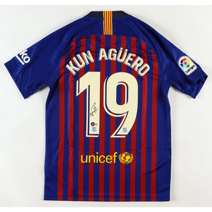 Kun Aguero signed Barcelona jersey with Beckett Authentication featuring Aguero signed Barcelona label