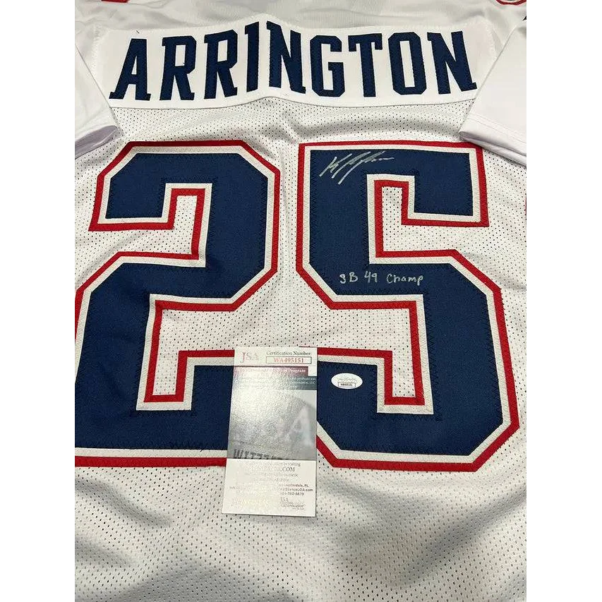 Kyle Arrington England Patriots autographed inscribed custom football jersey with SB 49 Champ sticker