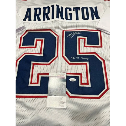Kyle Arrington England Patriots autographed inscribed custom football jersey with SB 49 Champ sticker