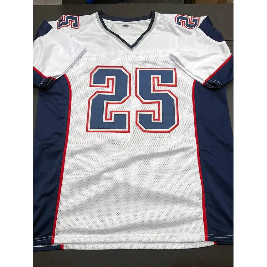White and navy blue Kyle Arrington England Patriots autographed inscribed custom football jersey with number 25