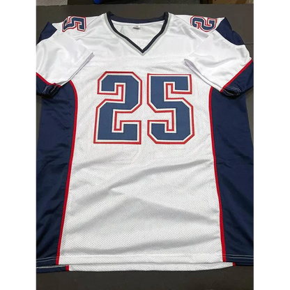 White and navy blue Kyle Arrington England Patriots autographed inscribed custom football jersey with number 25