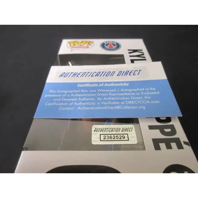 Kylian Mbappe signed Funko Pop soccer figure box with authenticity certificate, Paris Saint Germain style