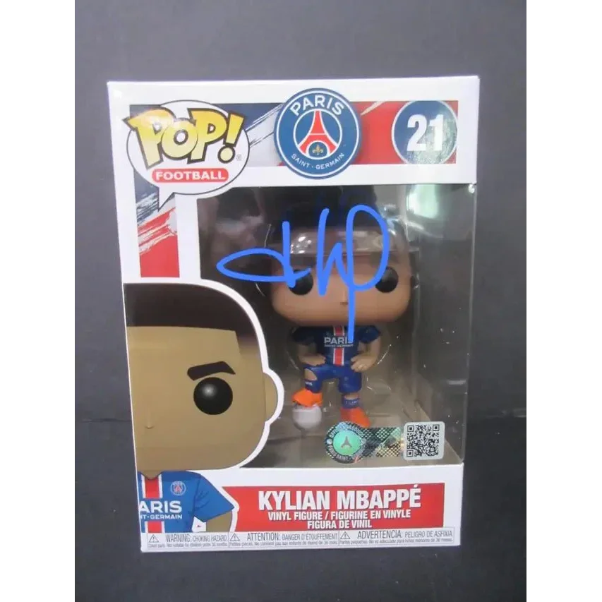 Signed Kylian Mbappe Funko Pop soccer figure with certificate, PSG star collectible