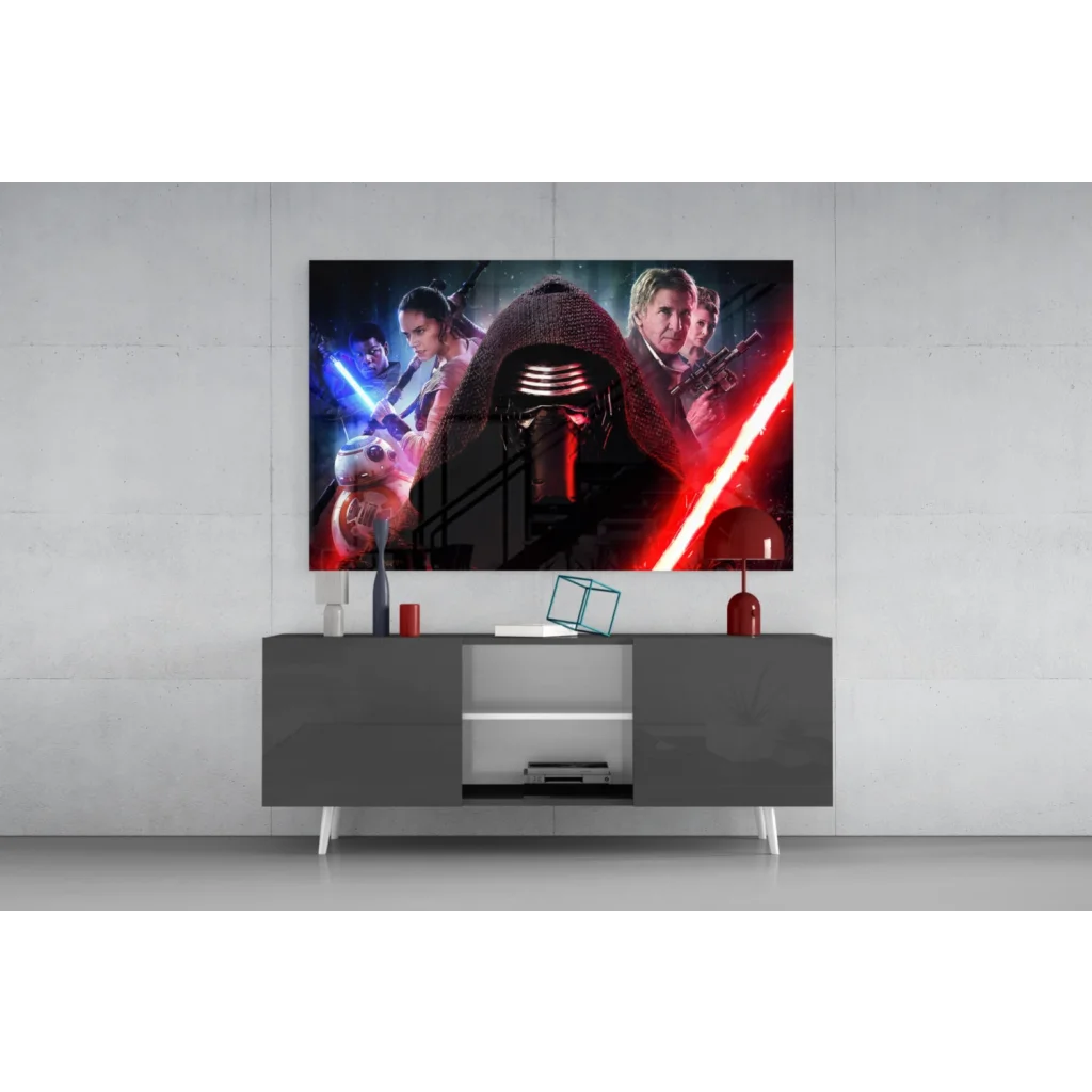 Kylo Ren Star Wars glass wall art print with red blue lightsabers