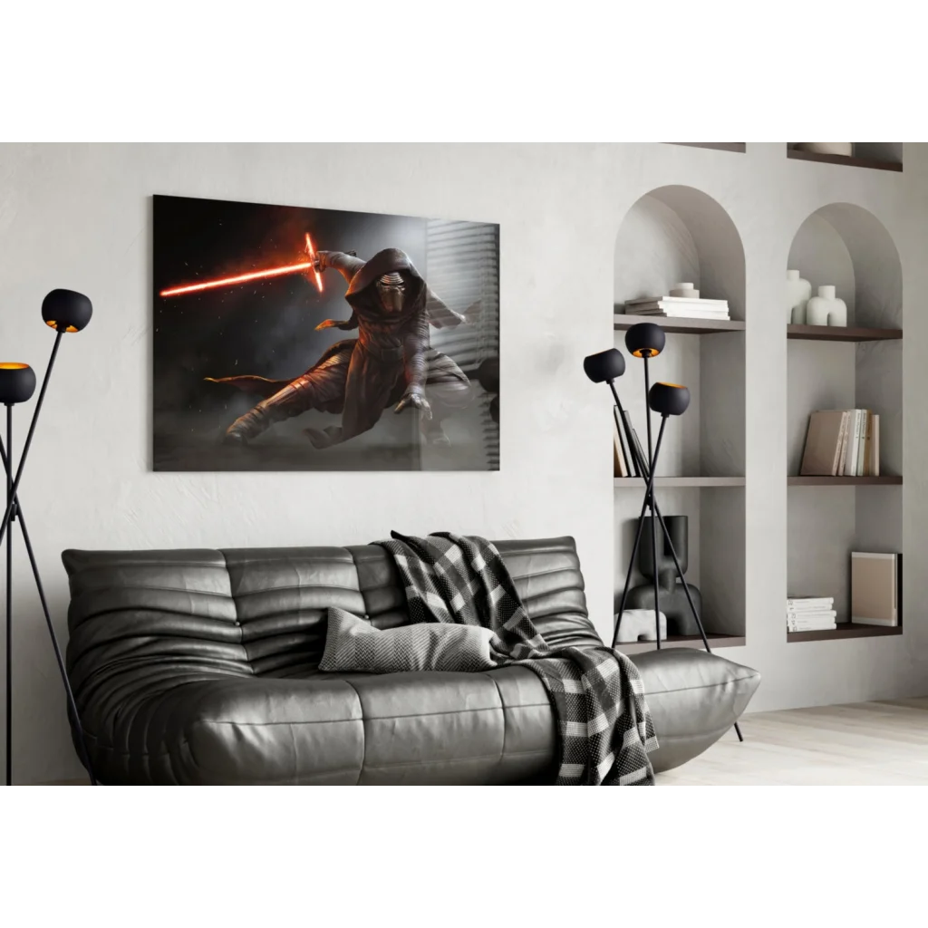 Black leather sofa with gray plaid throw and Kylo Ren wall art