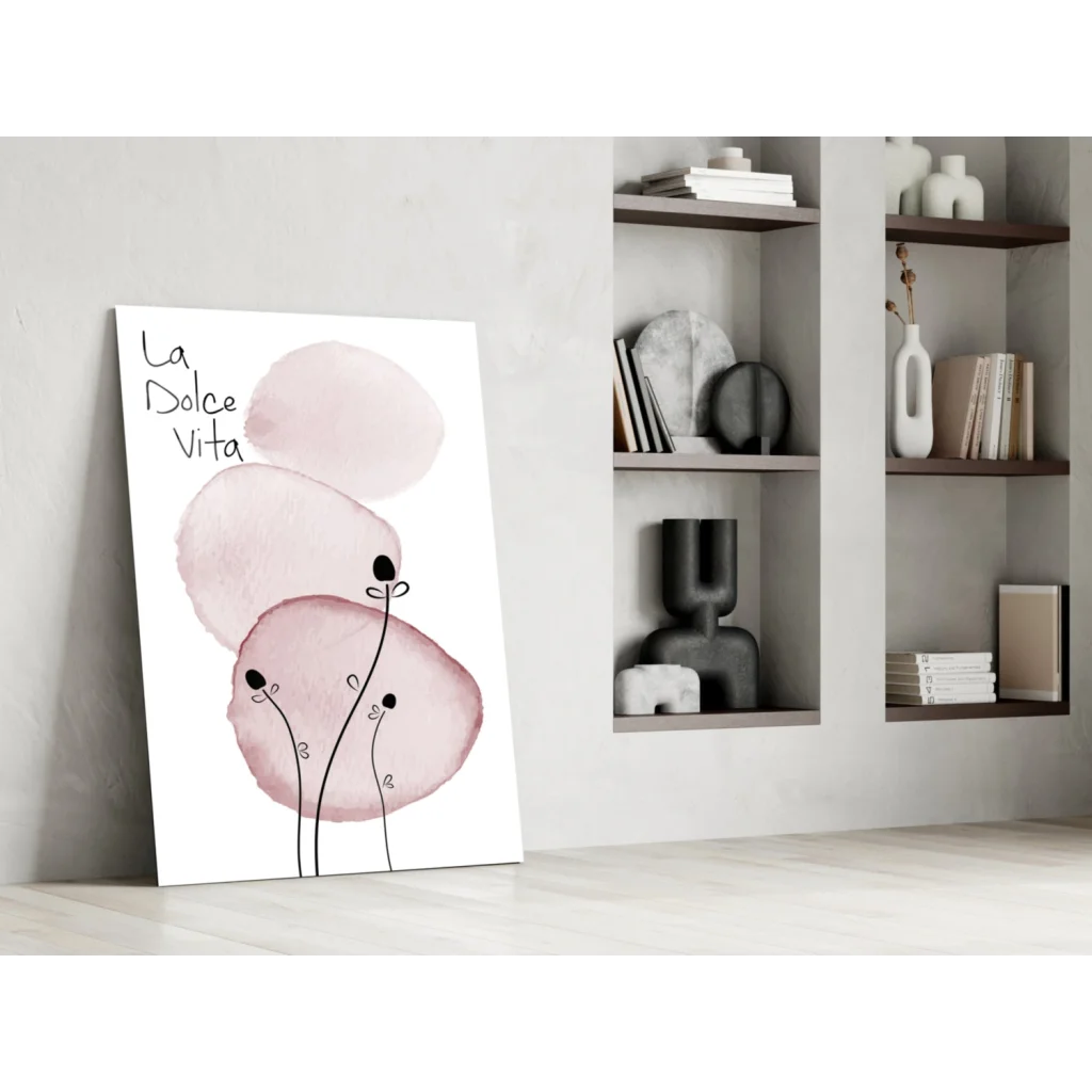 Minimalist La Dolce Vita pink watercolor wall art canvas print with stems and buds