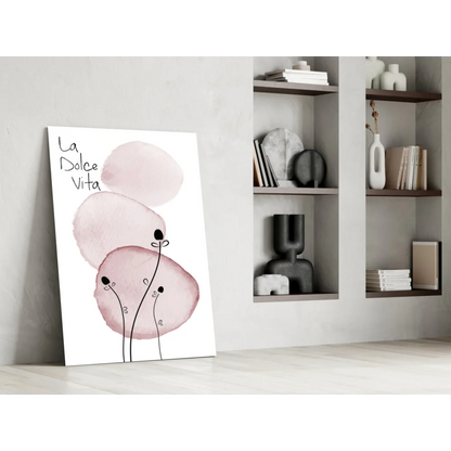 Minimalist La Dolce Vita pink watercolor wall art canvas print with stems and buds
