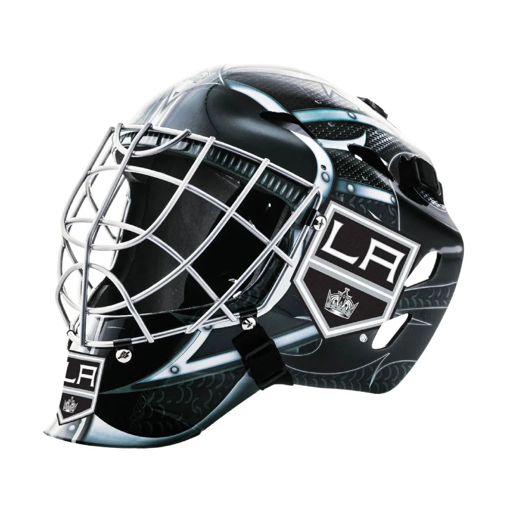 Black and silver LA Kings street hockey goalie mask with steel cage
