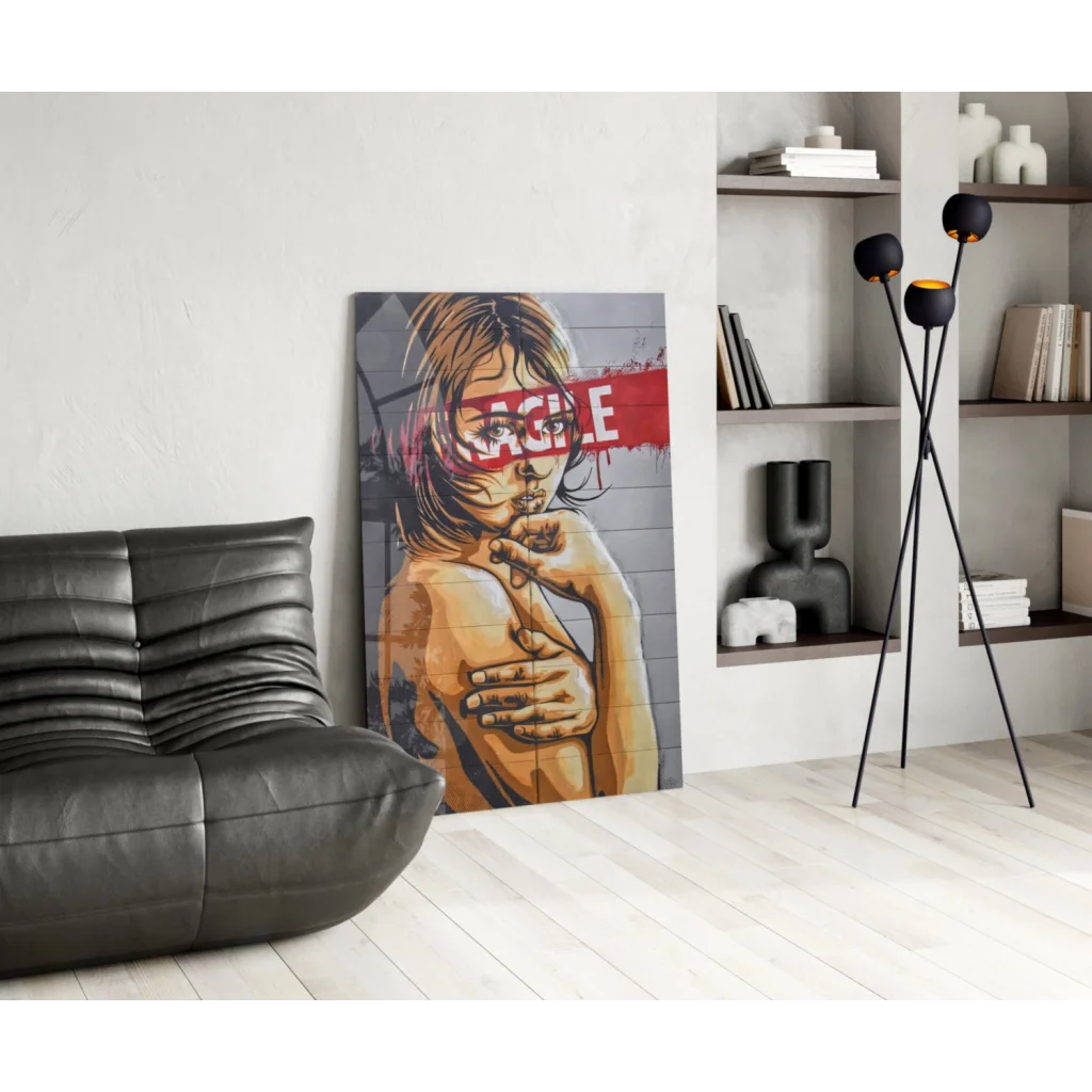 Bold graffiti portrait wall art in red, gray, golden hues