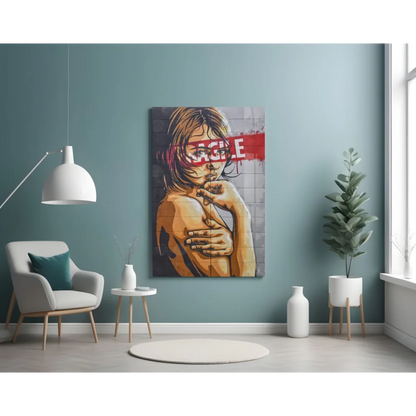 Bold graffiti portrait wall art with golden female figure and vacile in red