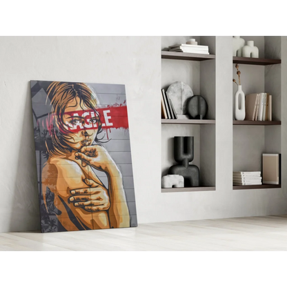 Bold graffiti portrait glass wall art with red lettering eyes