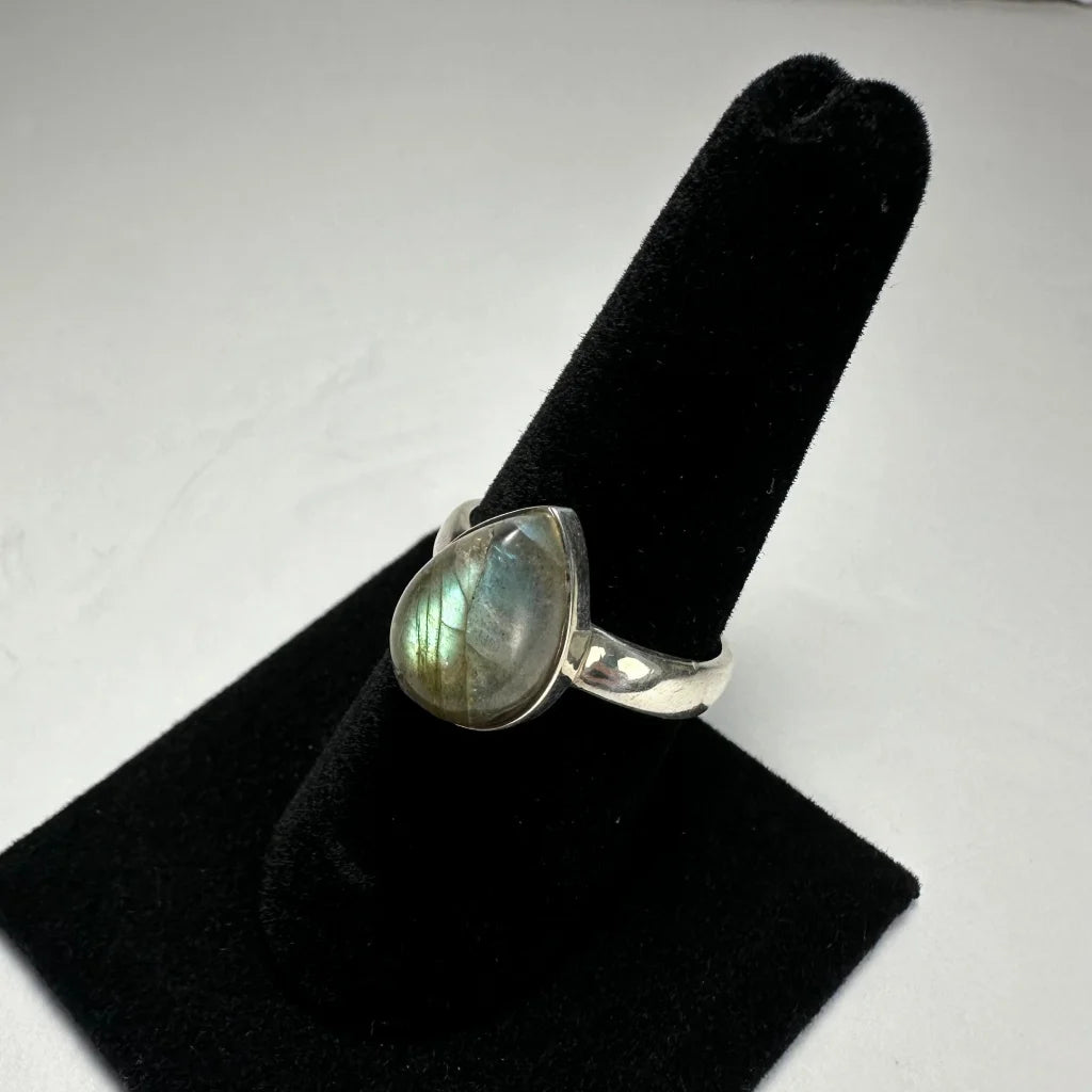Silver labradorite ring with teardrop stone and iridescent flashes