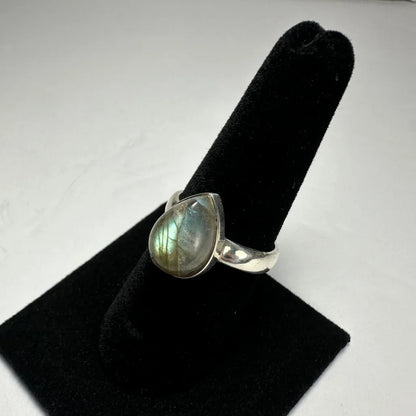 Silver labradorite ring with teardrop stone and iridescent flashes