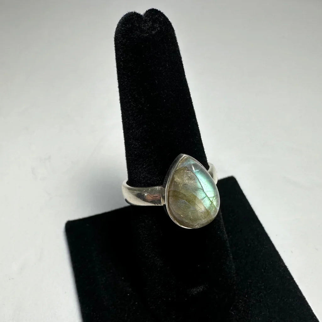 Silver labradorite ring with teardrop stone and iridescent flashes