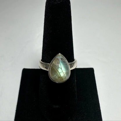 Silver labradorite ring with teardrop stone and iridescent flashes