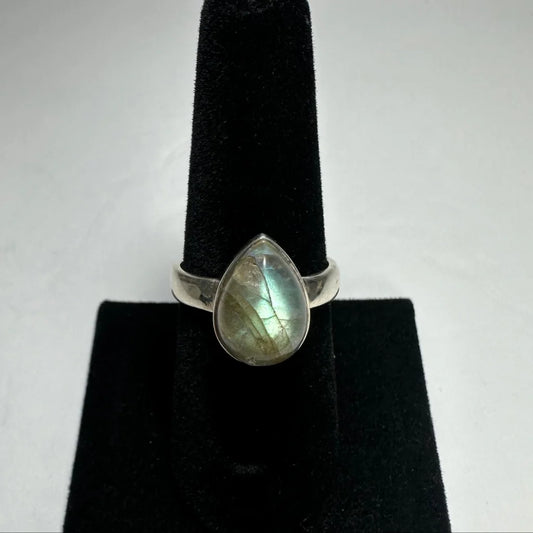 Silver labradorite ring with teardrop stone and iridescent flashes