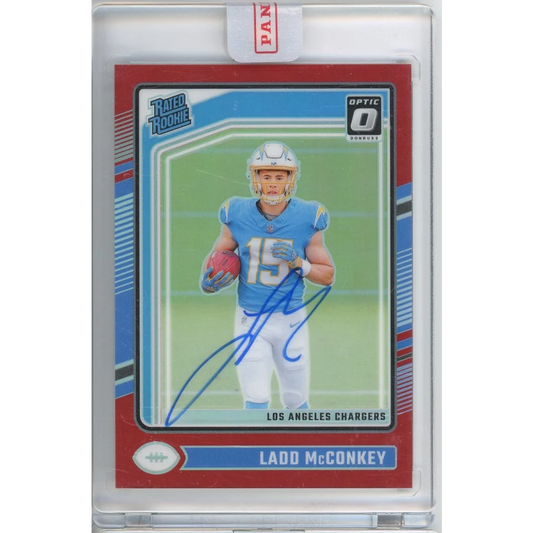 Autographed 2023 Optic Rated Rookie Ladd McConkey football card 27/75 authenticated