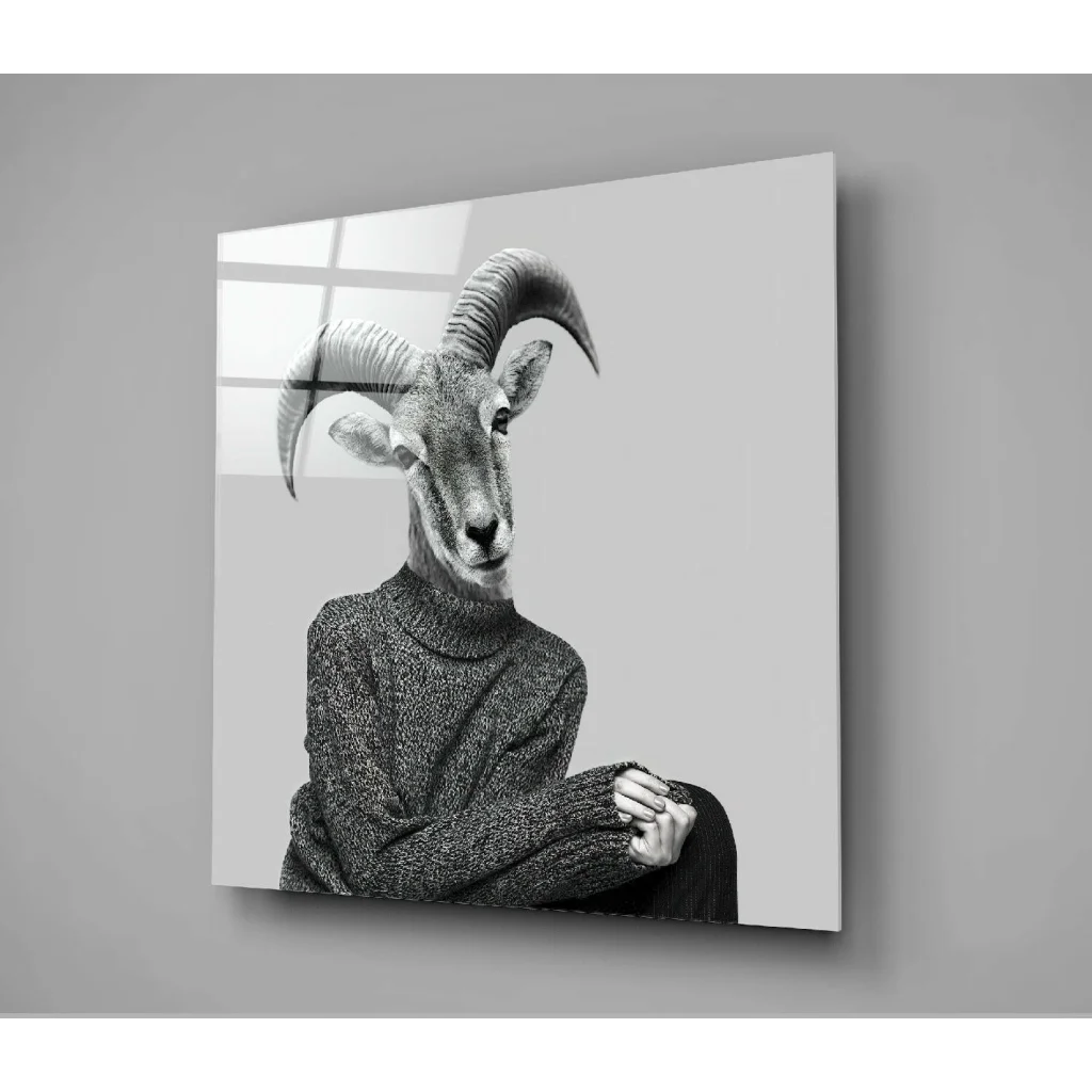 Surreal goat portrait black-and-white glass wall art