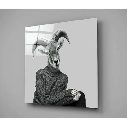 Surreal goat portrait black-and-white glass wall art
