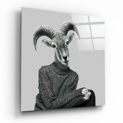 Black and white ram in knit sweater on glass wall art