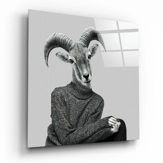 Black and white ram in knit sweater on glass wall art