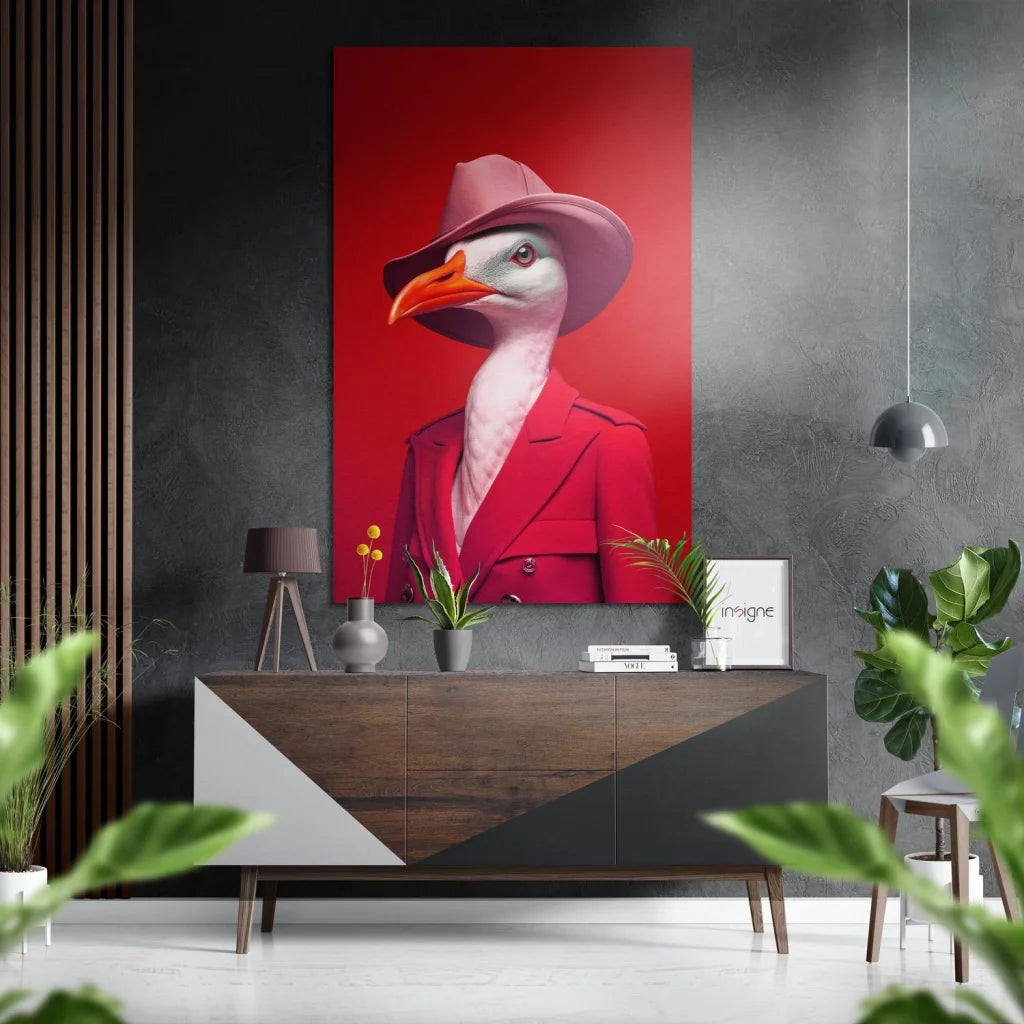 Dapper Goose in Red Blazer on brushed aluminium dibond print