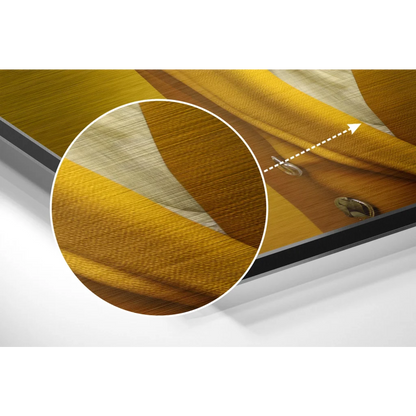 Golden-yellow textured fabric art on brushed aluminium dibond