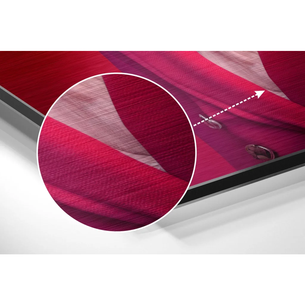 Vibrant red blazer print on brushed aluminium dibond