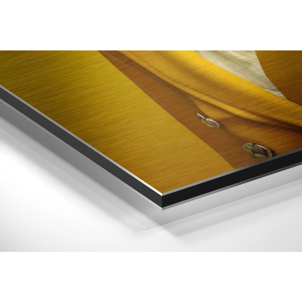 Dapper seagull on yellow textured fabric with metallic buttons, brushed aluminium dibond wall art