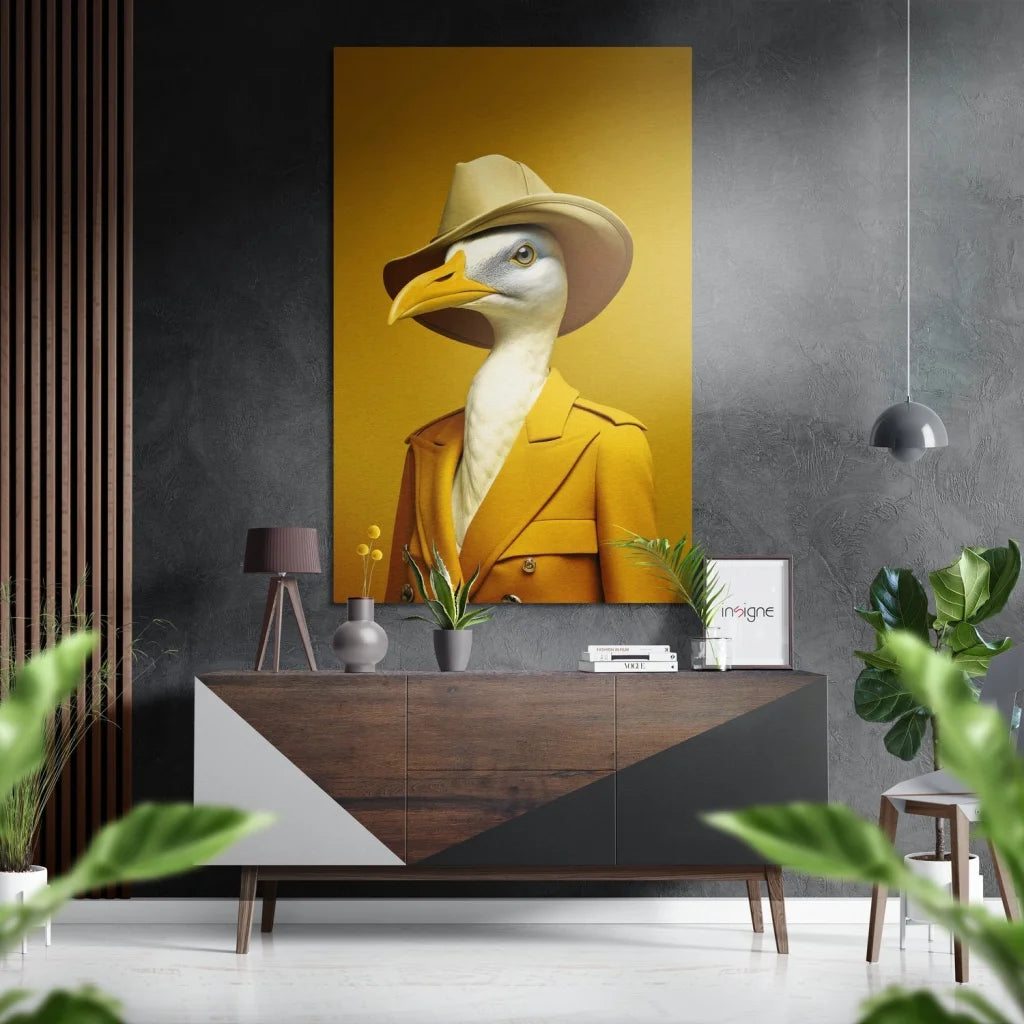 Dapper seagull in fedora and trench coat on brushed aluminium dibond wall art